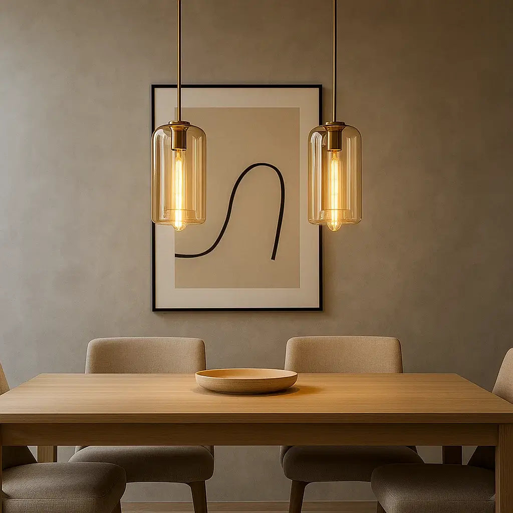 Pendente cilíndrico de vidro âmbar instalado em sala de jantar moderna com mesa de madeira
