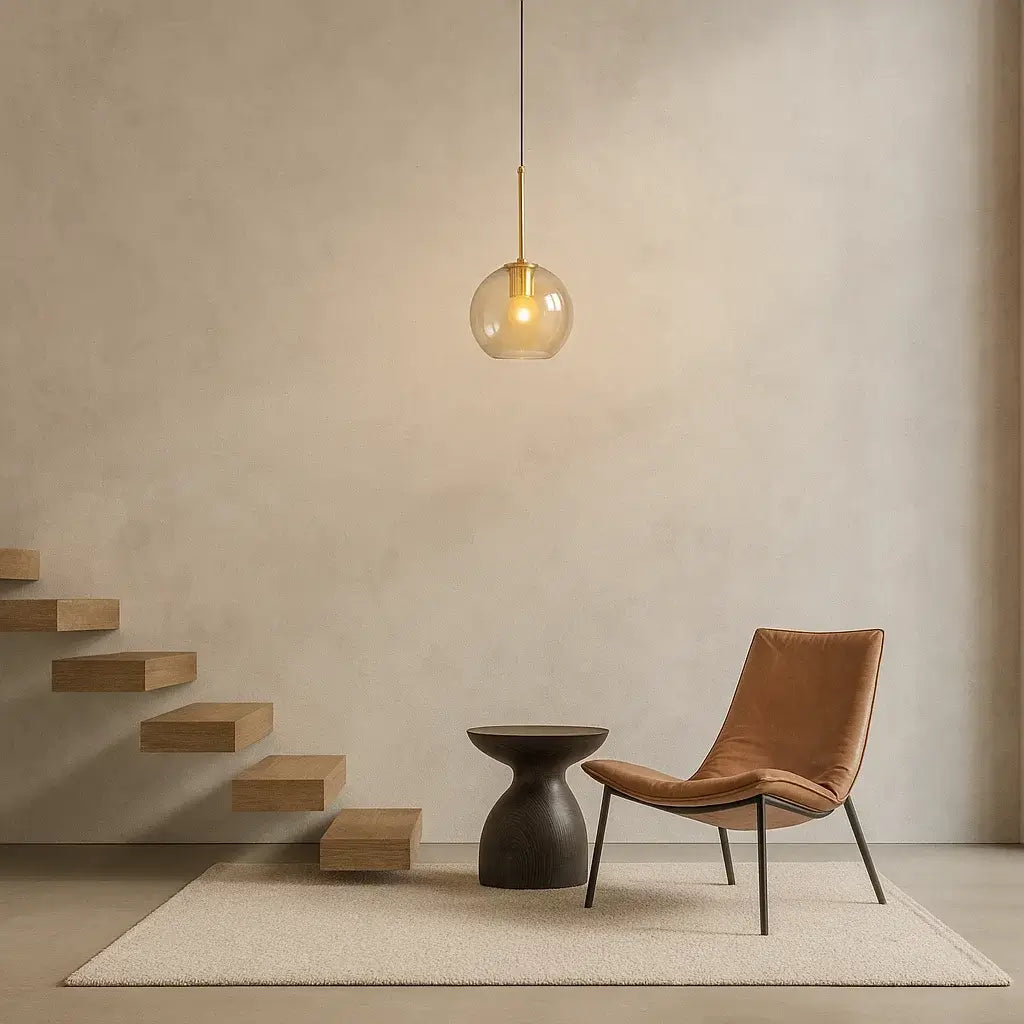 Luminária pendente globo âmbar dourado em hall minimalista, iluminação elegante em projeto arquitetônico contemporâneo.