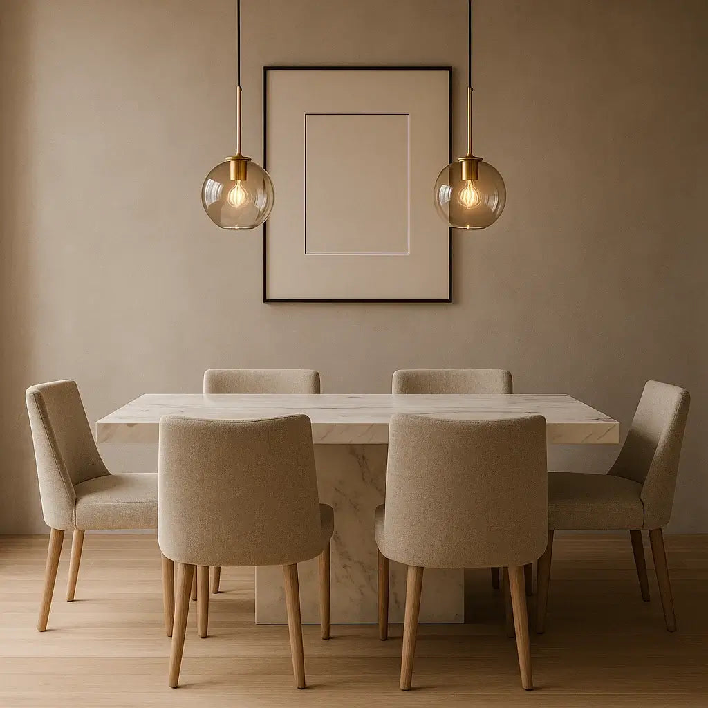 Pendente globo âmbar dourado instalado sobre mesa de jantar com cadeiras estofadas, iluminação aconchegante e elegante.