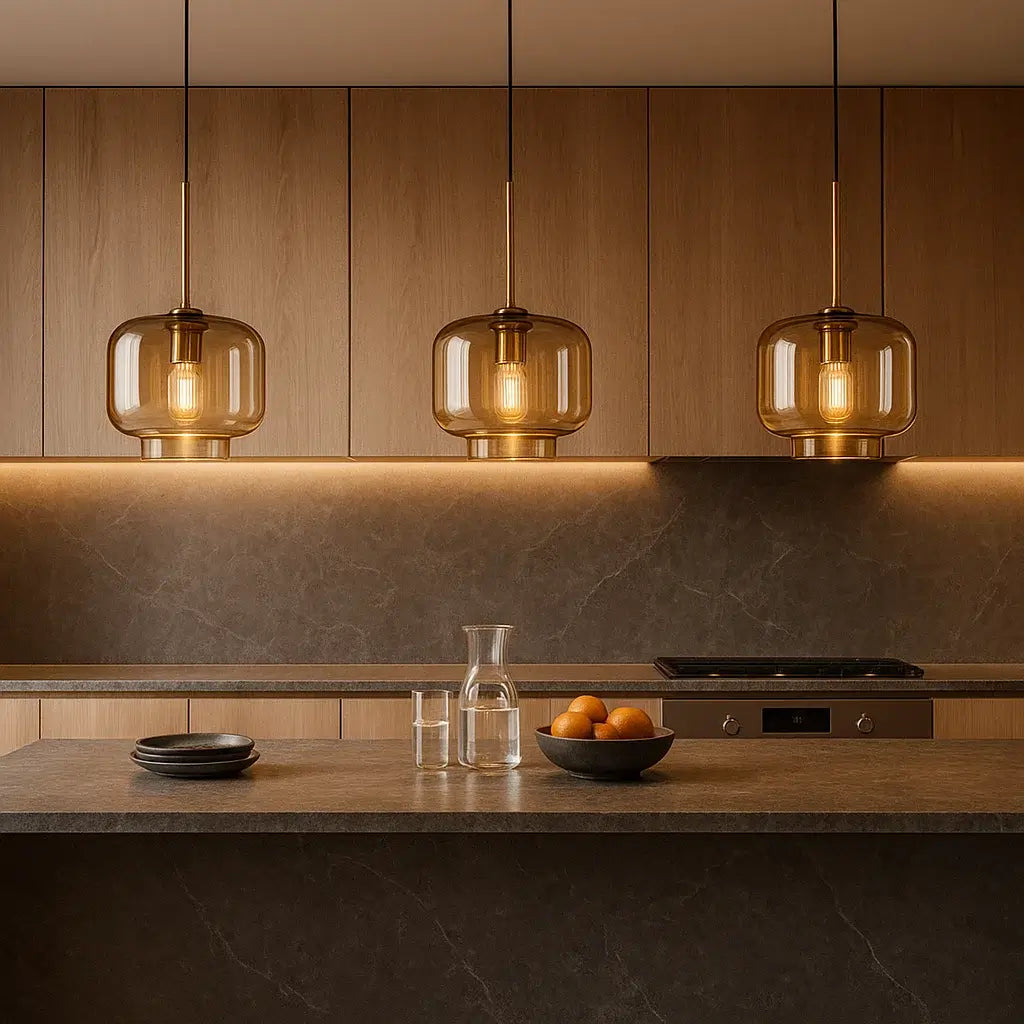 Trio de luminárias pendentes Radiantbr Auro em vidro âmbar e dourado instaladas sobre bancada de cozinha planejada
