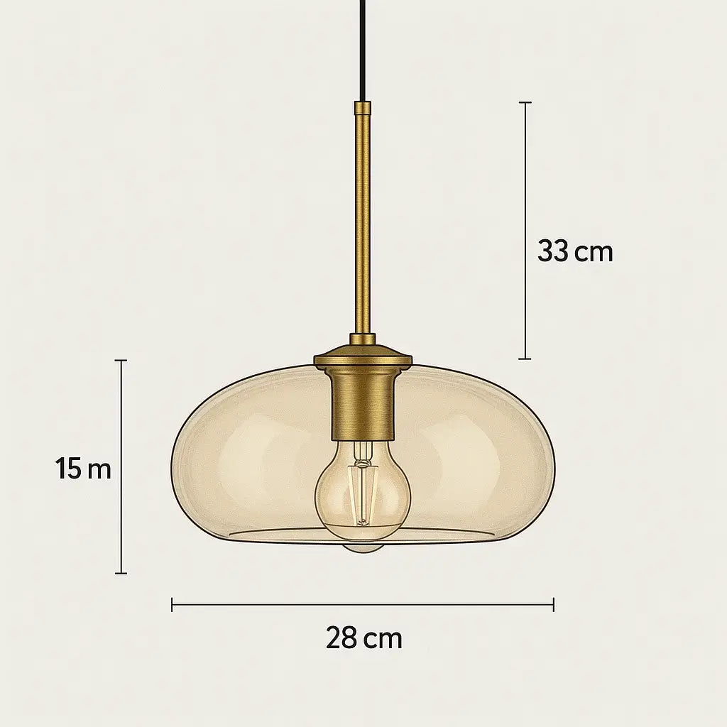 Desenho técnico da luminária pendente de vidro âmbar dourado minimalista Aureum com medidas 28 cm de largura