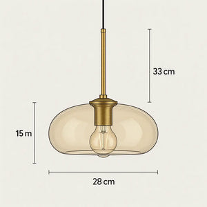 Desenho técnico da luminária pendente de vidro âmbar dourado minimalista Aureum com medidas 28 cm de largura