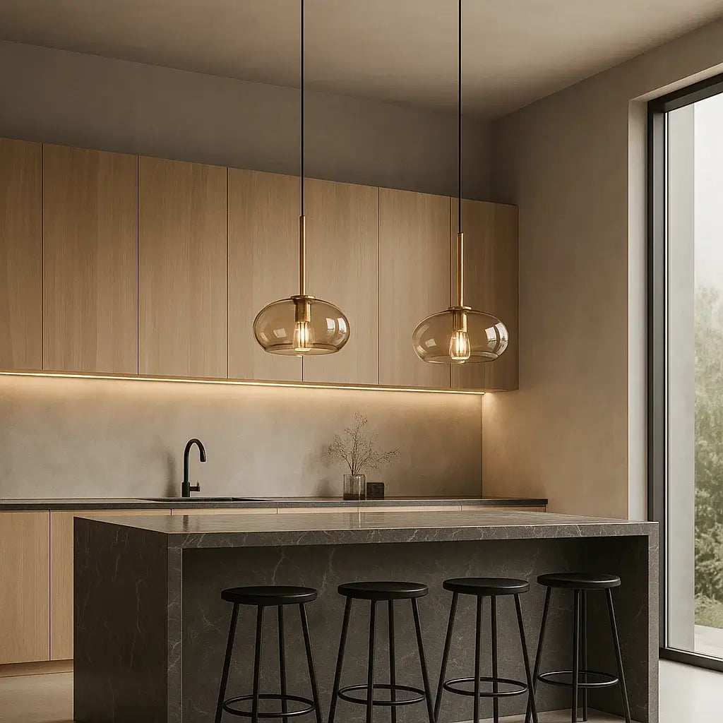 Luminária pendente de vidro âmbar dourado Aureum em dupla sobre ilha de cozinha gourmet com design minimalista
