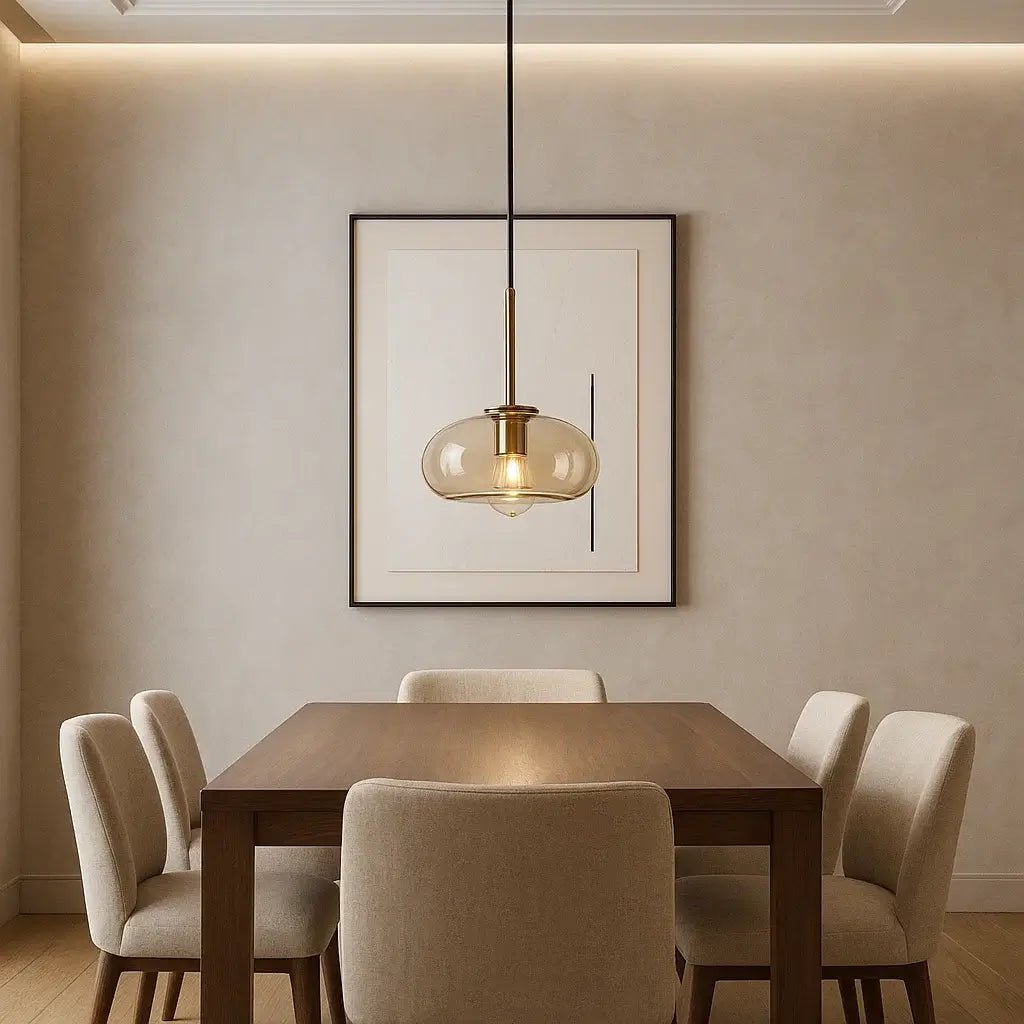 Luminária pendente de vidro âmbar dourado sobre mesa de jantar em ambiente moderno sofisticado