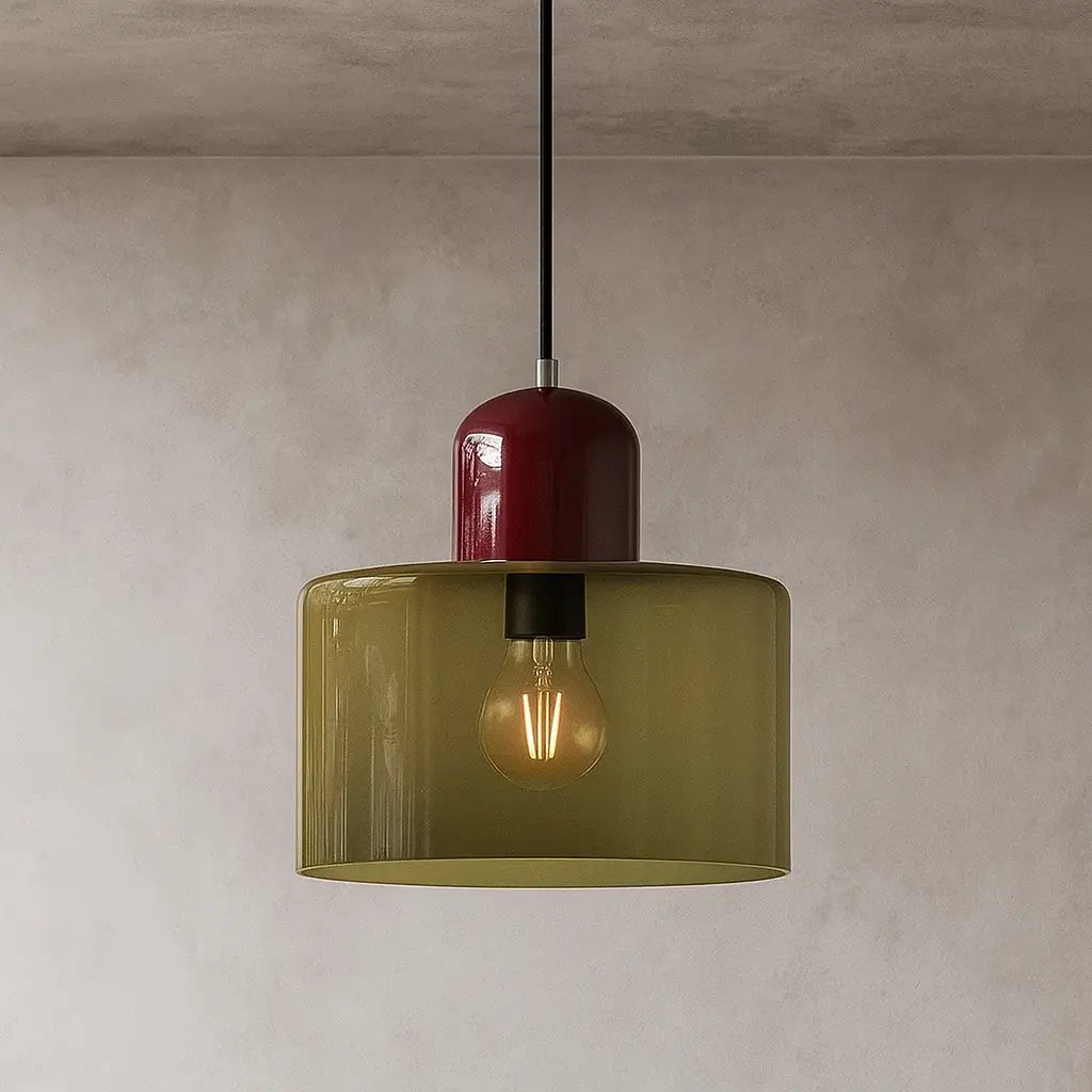 Luminária pendente de vidro verde com topo vermelho Radiantbr, design contemporâneo para sala sofisticada
