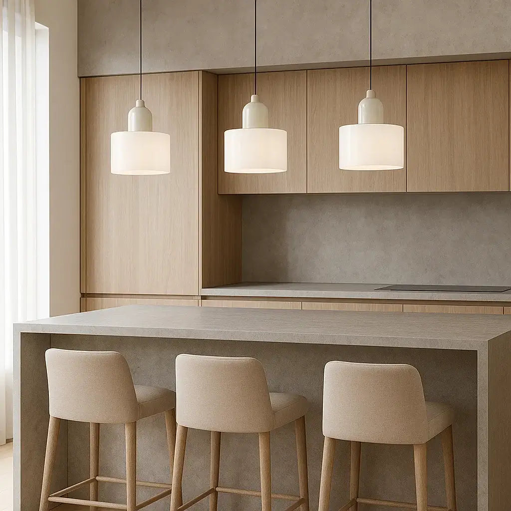 Conjunto de luminárias pendentes de vidro branco Radiantbr decorando cozinha moderna com bancada de cimento
